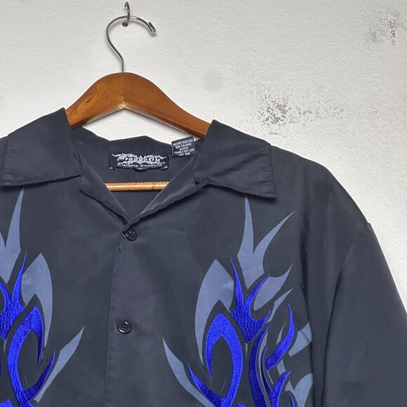 Dragonfly Men L Embroidered Y2K Western Tribal Pattern Blue Button Up Shirt Rock - Picture 3 of 12